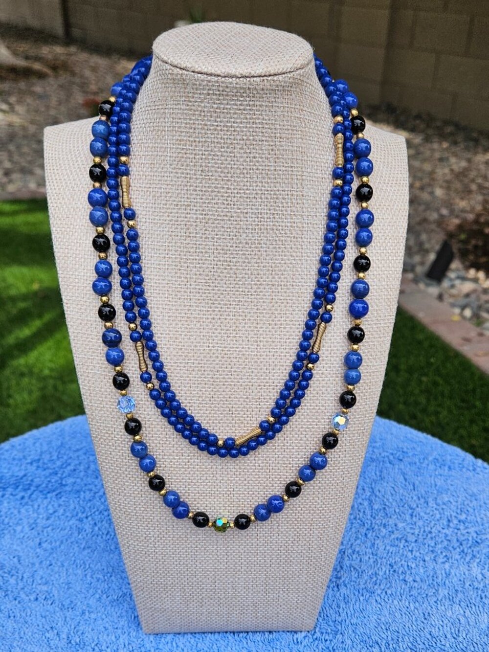 Vintage Style Blue & Black Beaded Necklace Set Of 2 | Gold Accent | AB Crystal